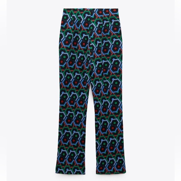 NWT ZARA BLUE, RED, GREEN HIGH RISE GEOMETRIC PRINT FLARED LEG PANTS - Picture 1 of 4